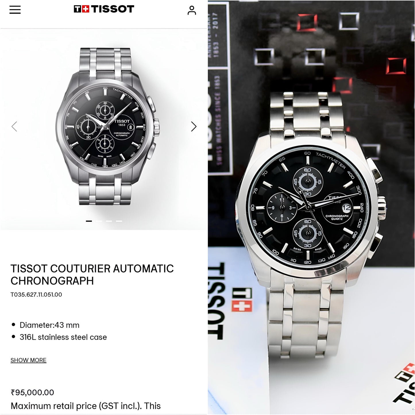 Tissot Premium Couturier Chronograph Stainless steel Rose Gold bezel 43mm