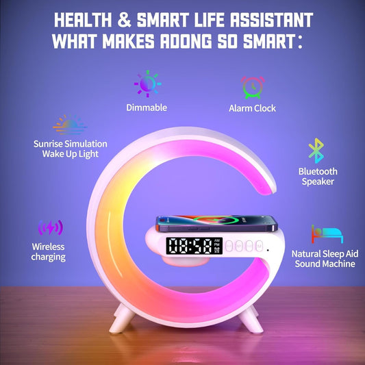 RGB LED Lamp with Wireless Charging, Bluetooth Speaker & USB-C – Modern G-Shaped Design