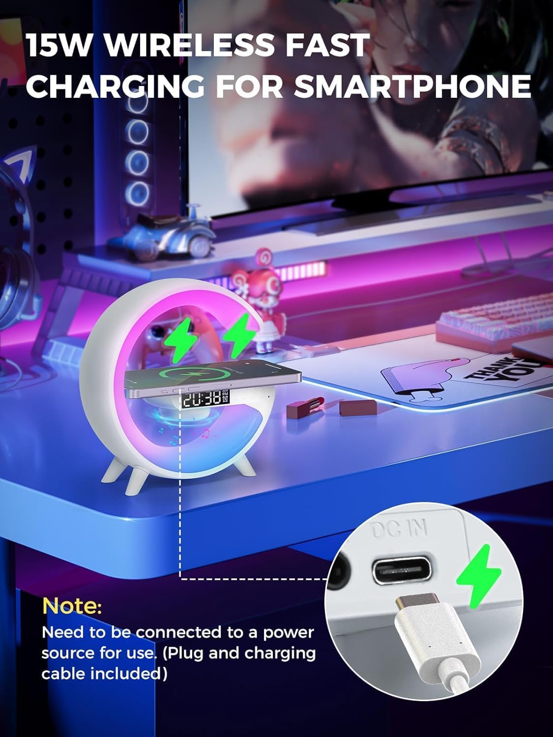 RGB LED Lamp with Wireless Charging, Bluetooth Speaker & USB-C – Modern G-Shaped Design