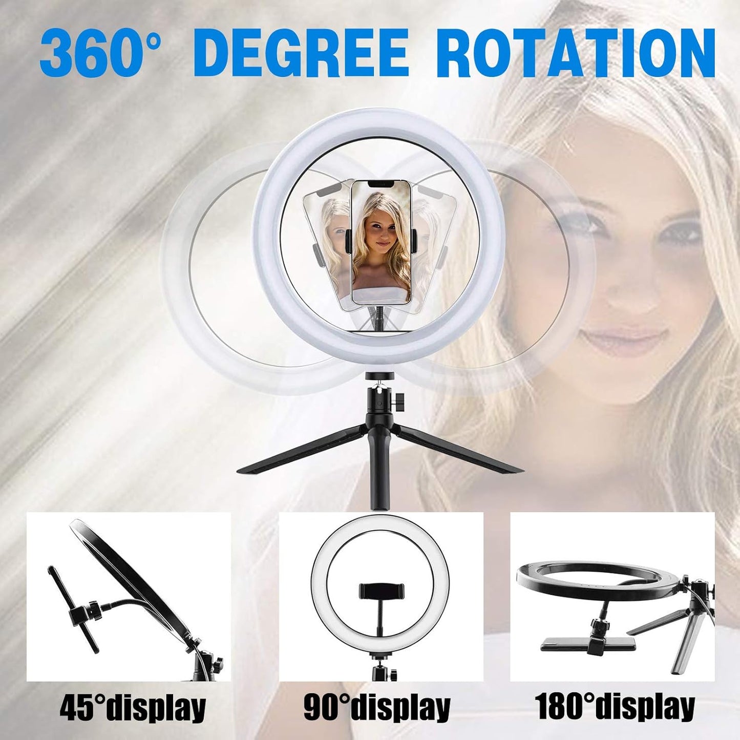 QX-260 LED Light Ring Selfie Ring Light with Bluetooth Remote Control and Tripod 3 Colors Mode 12 Dimmable, 360 degree Rotating LED Light Ring for Selfie, Makeup and Youtube Live
