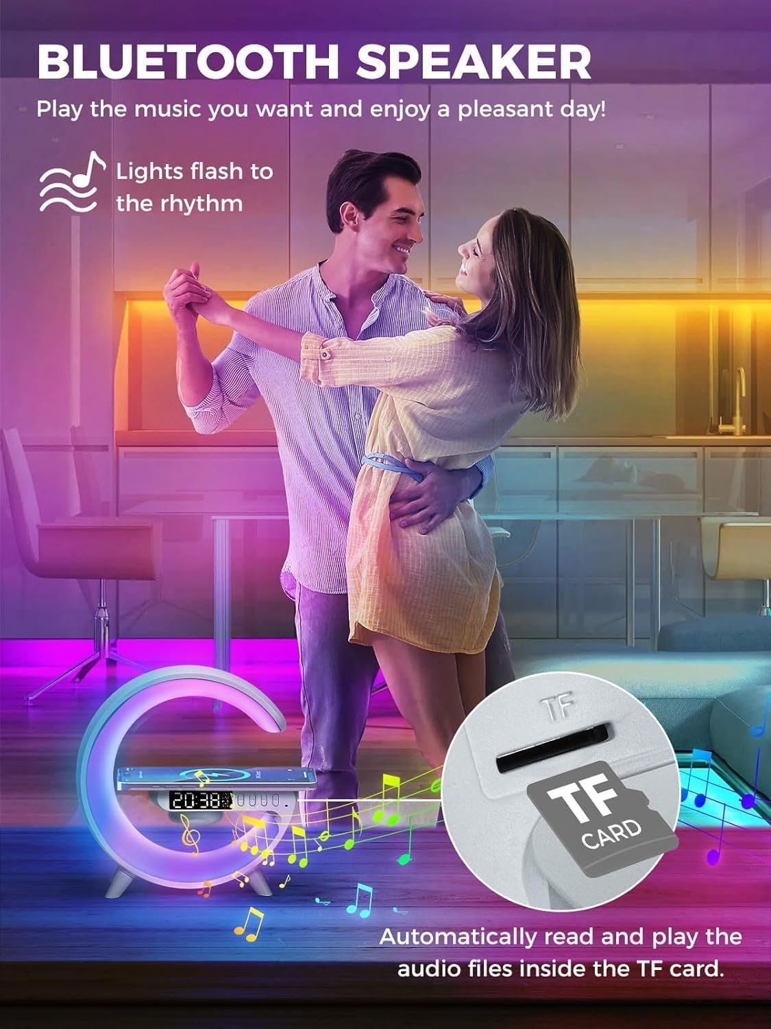 RGB LED Lamp with Wireless Charging, Bluetooth Speaker & USB-C – Modern G-Shaped Design