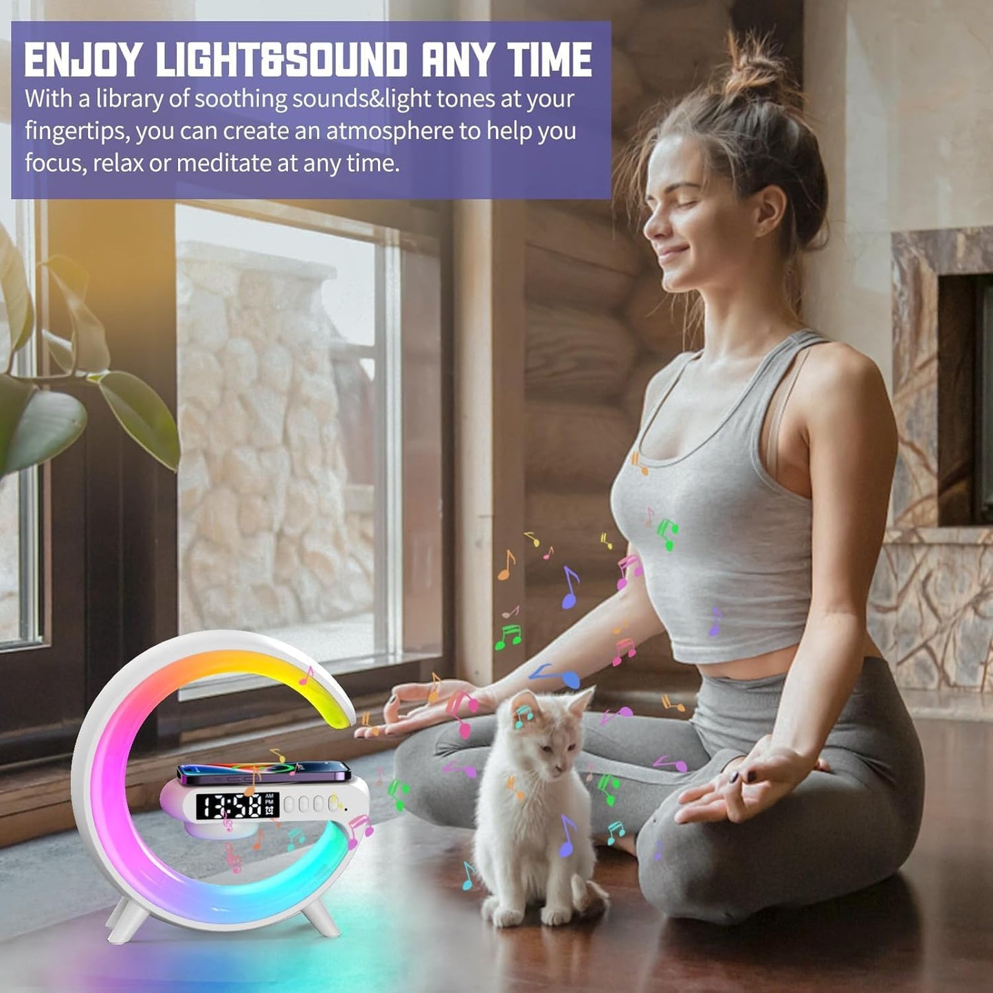 RGB LED Lamp with Wireless Charging, Bluetooth Speaker & USB-C – Modern G-Shaped Design