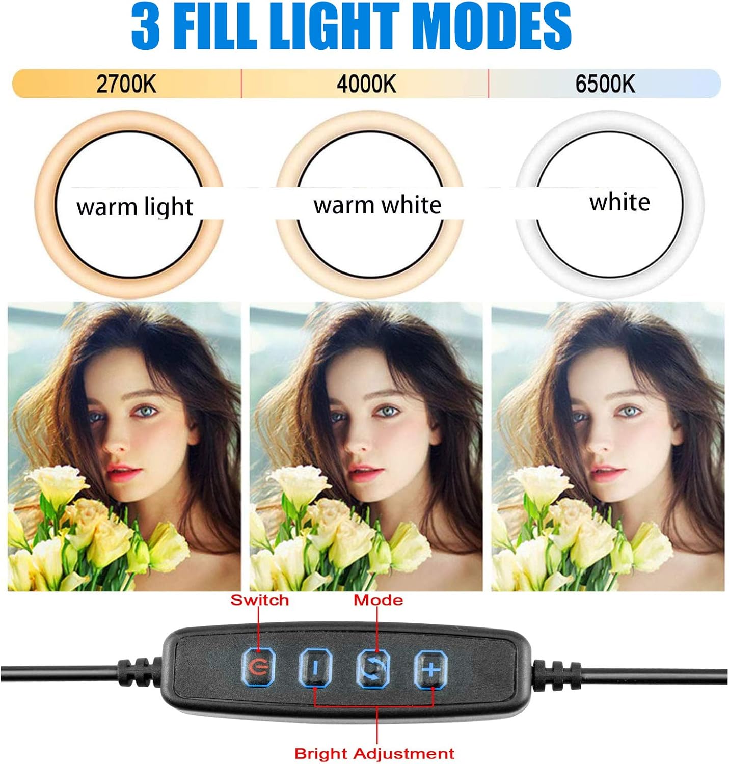 QX-260 LED Light Ring Selfie Ring Light with Bluetooth Remote Control and Tripod 3 Colors Mode 12 Dimmable, 360 degree Rotating LED Light Ring for Selfie, Makeup and Youtube Live